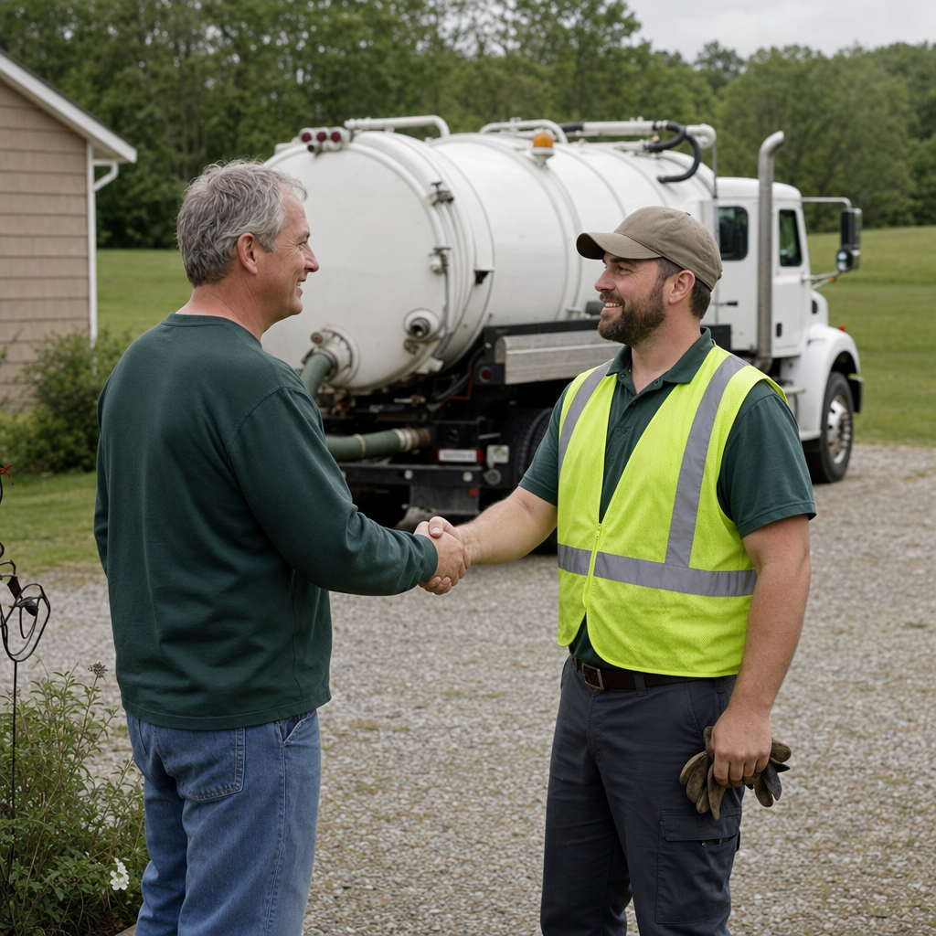 A septic technician shaking a Indianapolis homeowner's hand beside the service truck after a completed pump-out
