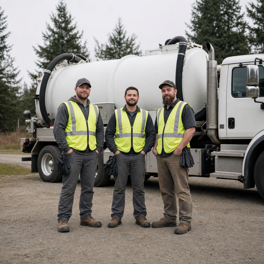 The Indianapolis septic pumping crew standing together beside their clean white vacuum truck on a residential street