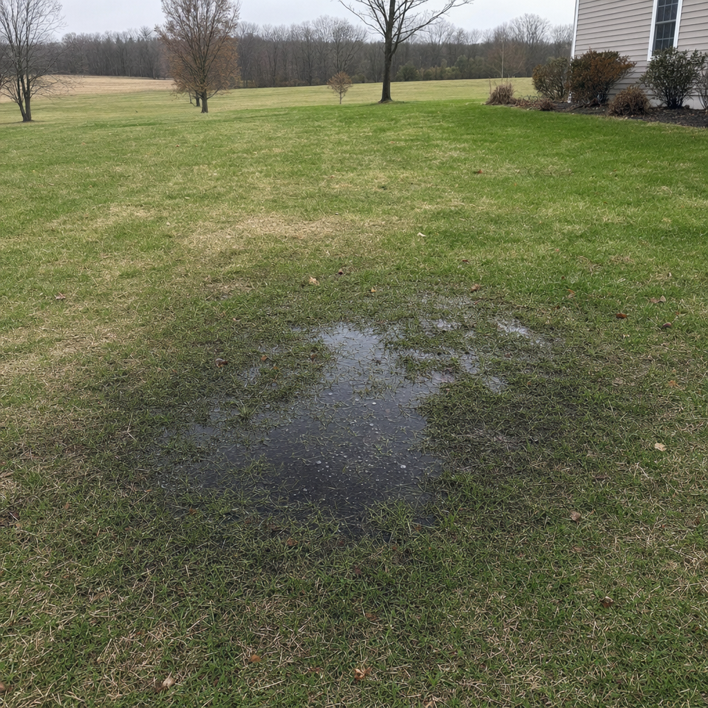 A dark, saturated wet spot in a Indianapolis backyard lawn marking a failing cesspool at capacity