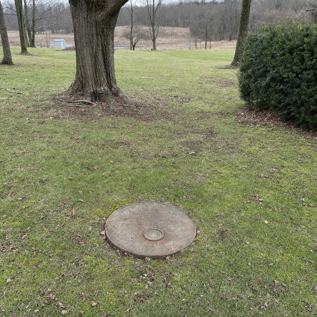 An older round cesspool access lid set flush in an established, mature Indianapolis backyard lawn