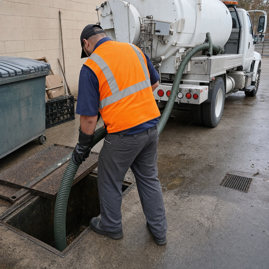Technician pumping a grease trap behind a Indianapolis restaurant