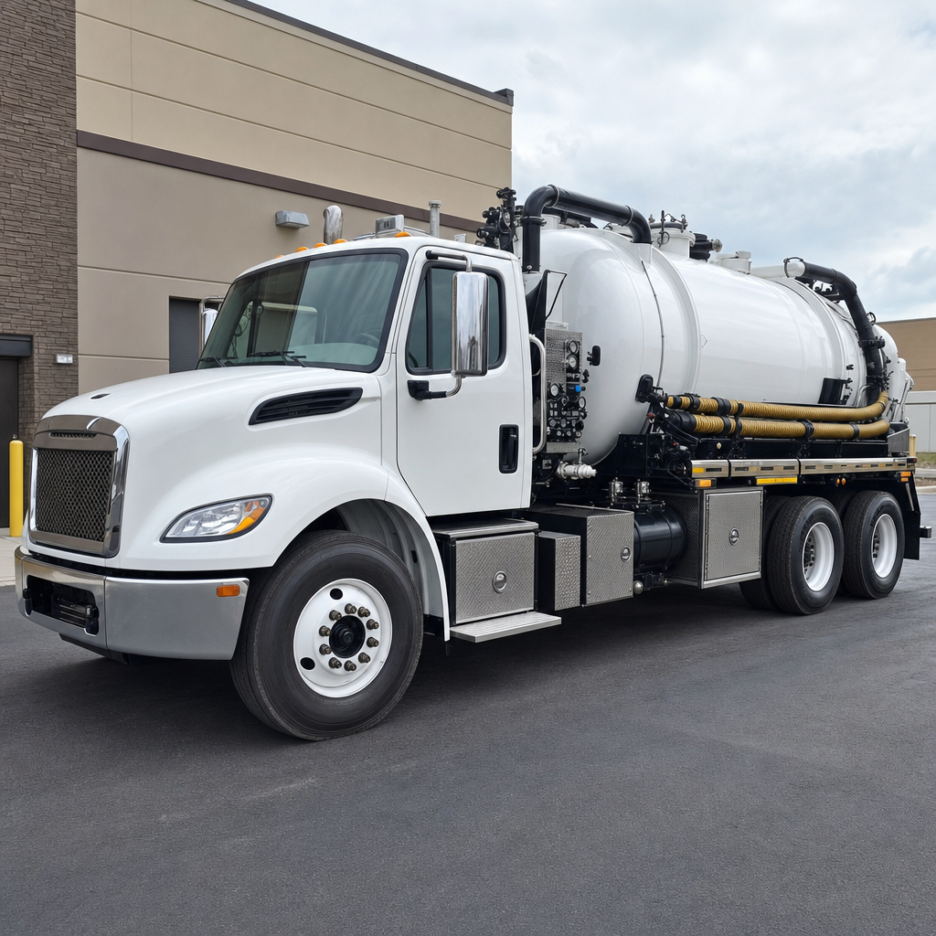 Commercial septic vacuum truck parked in a Indianapolis business parking lot