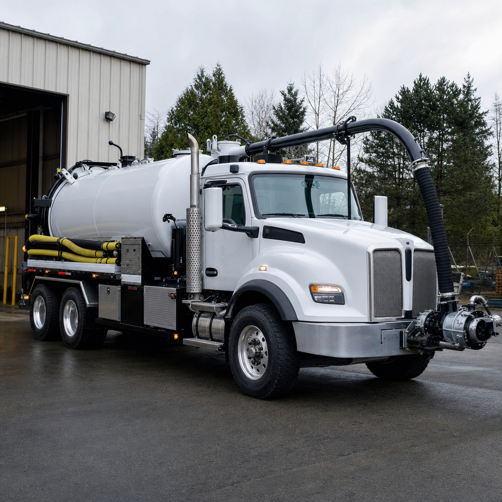 A clean white septic vacuum truck rolling out of a tidy Indianapolis service depot at the start of the day