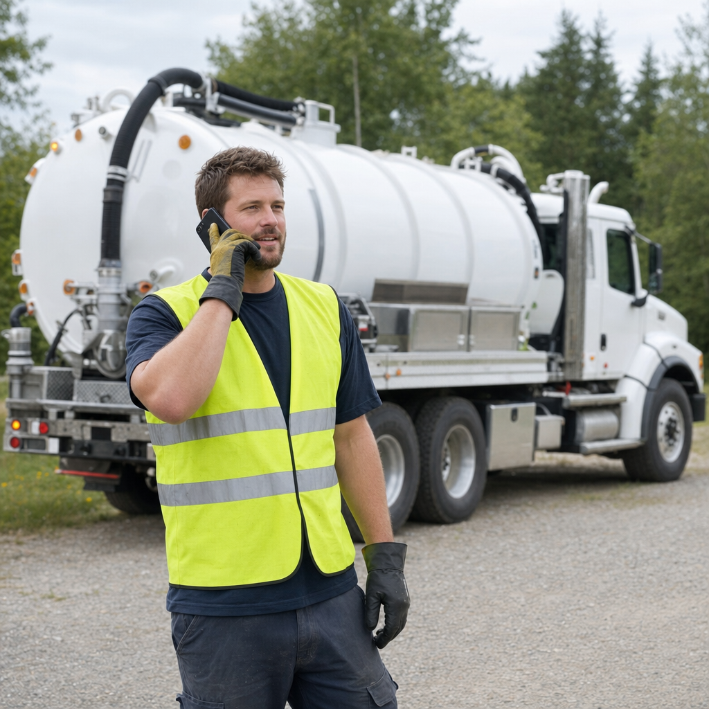 A friendly septic dispatcher holding a phone, ready to answer a Indianapolis homeowner's call about a pump-out