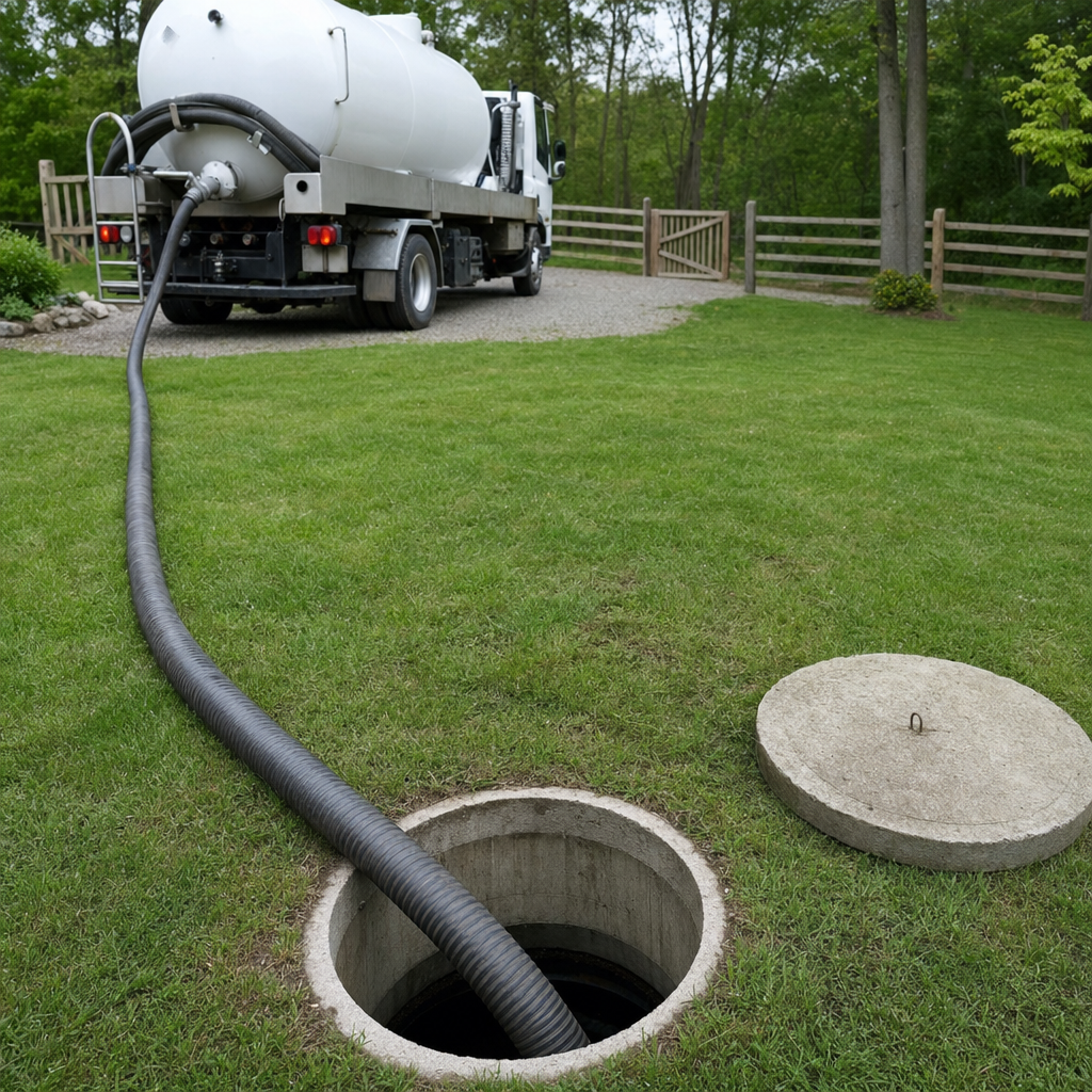 Suction hose connected to an open septic tank, drawing it down in a tidy Indianapolis yard