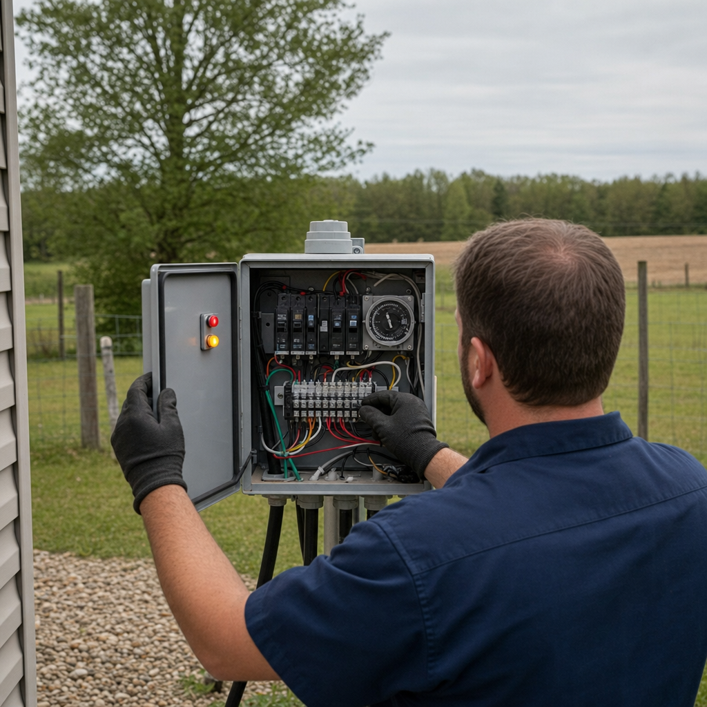 Technician checking an aerobic septic control box with a lit red high-water alarm during a same-day Indianapolis visit