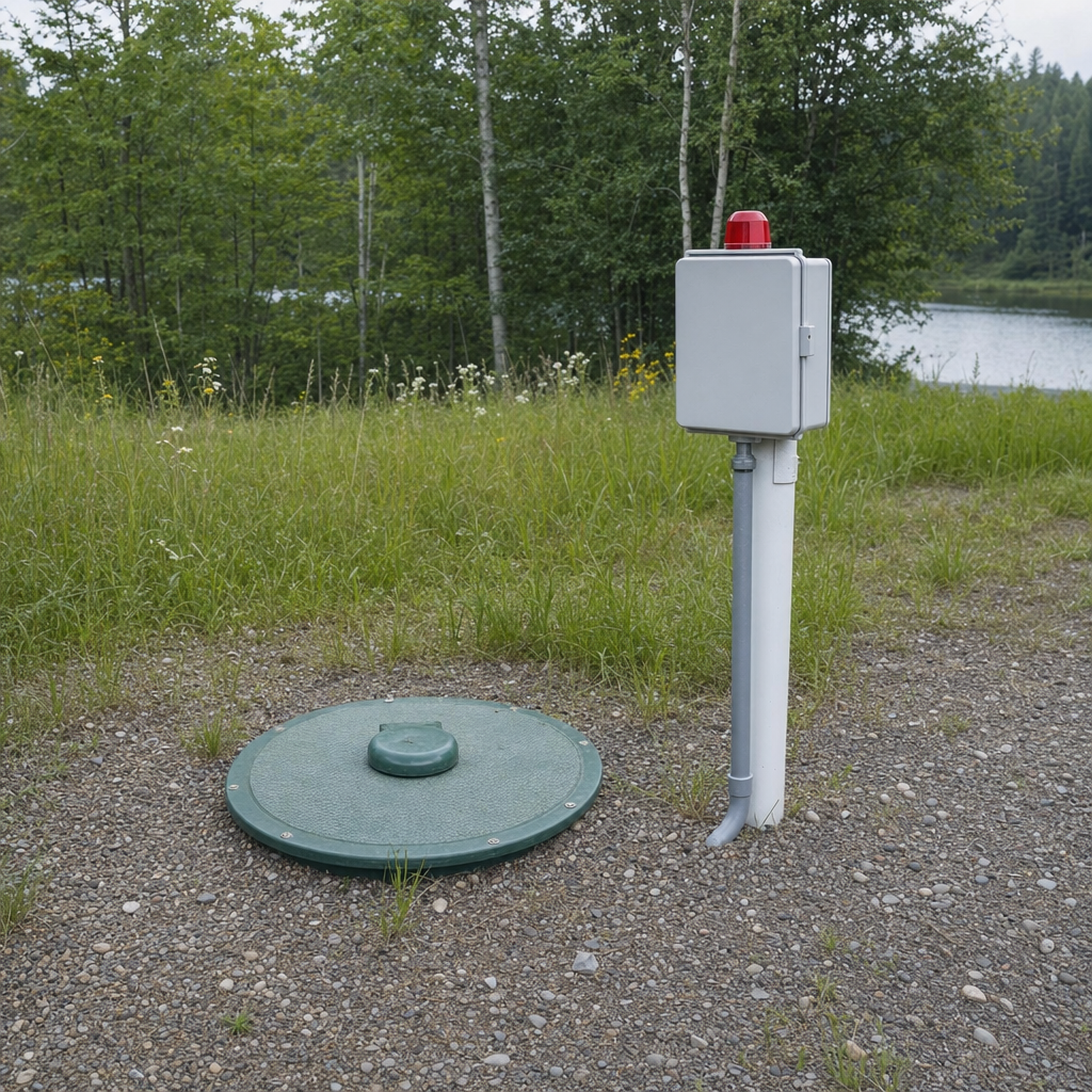 A wastewater holding tank access lid set in the ground at a rural Indianapolis-area cabin, with a mounted high-level float alarm panel nearby