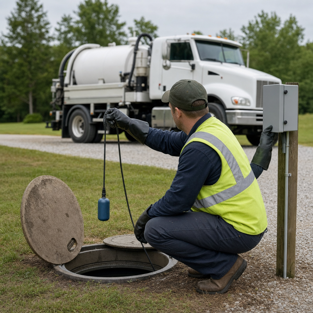 A septic technician in a high-visibility vest checking a high-level float switch and alarm panel on a holding tank at a rural Indianapolis-area site