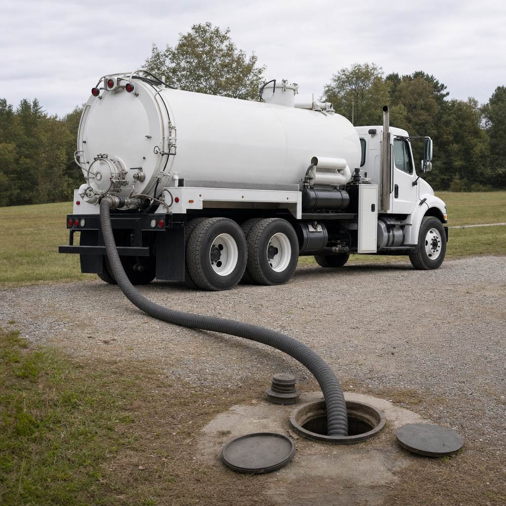 An unmarked white vacuum truck emptying a wastewater holding tank on a scheduled visit at a rural Indianapolis-area property, thick suction hose running to the tank lid