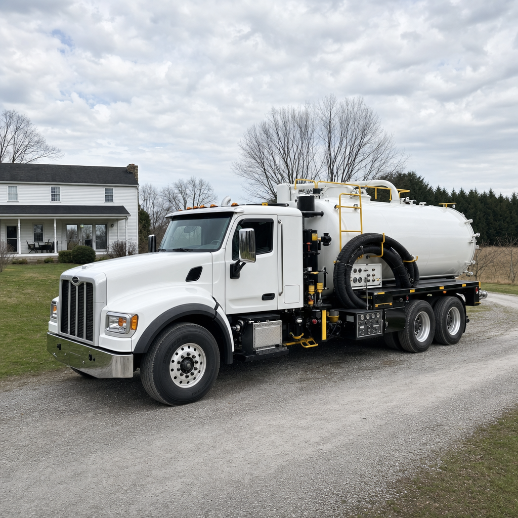 A clean white septic vacuum truck parked on a tidy Indianapolis driveway with the suction hose neatly coiled