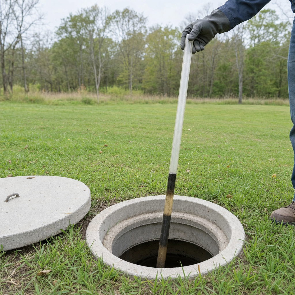 A septic sludge-judge measuring stick lowered into an open Indianapolis septic tank to read the depth of the sludge and scum layers before deciding whether a pump-out is due