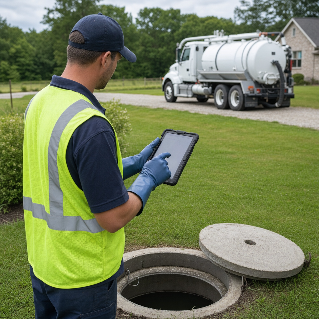 A septic technician recording a Indianapolis home's pump-out date and tank condition on a tablet beside an open access lid, tracking the service history that sets the next due date