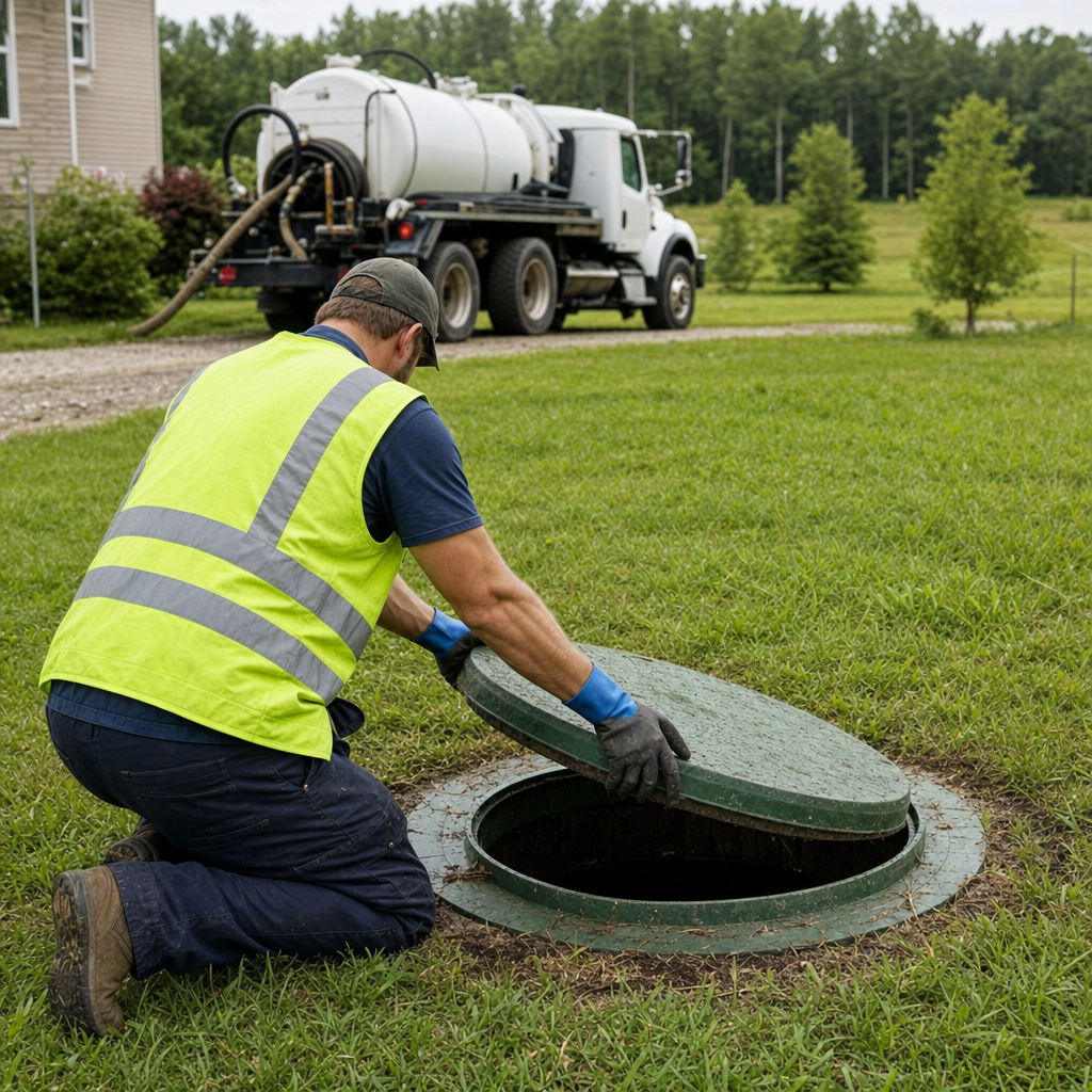 Septic technician kneeling on a Indianapolis lawn, lifting the access lid on a residential septic tank