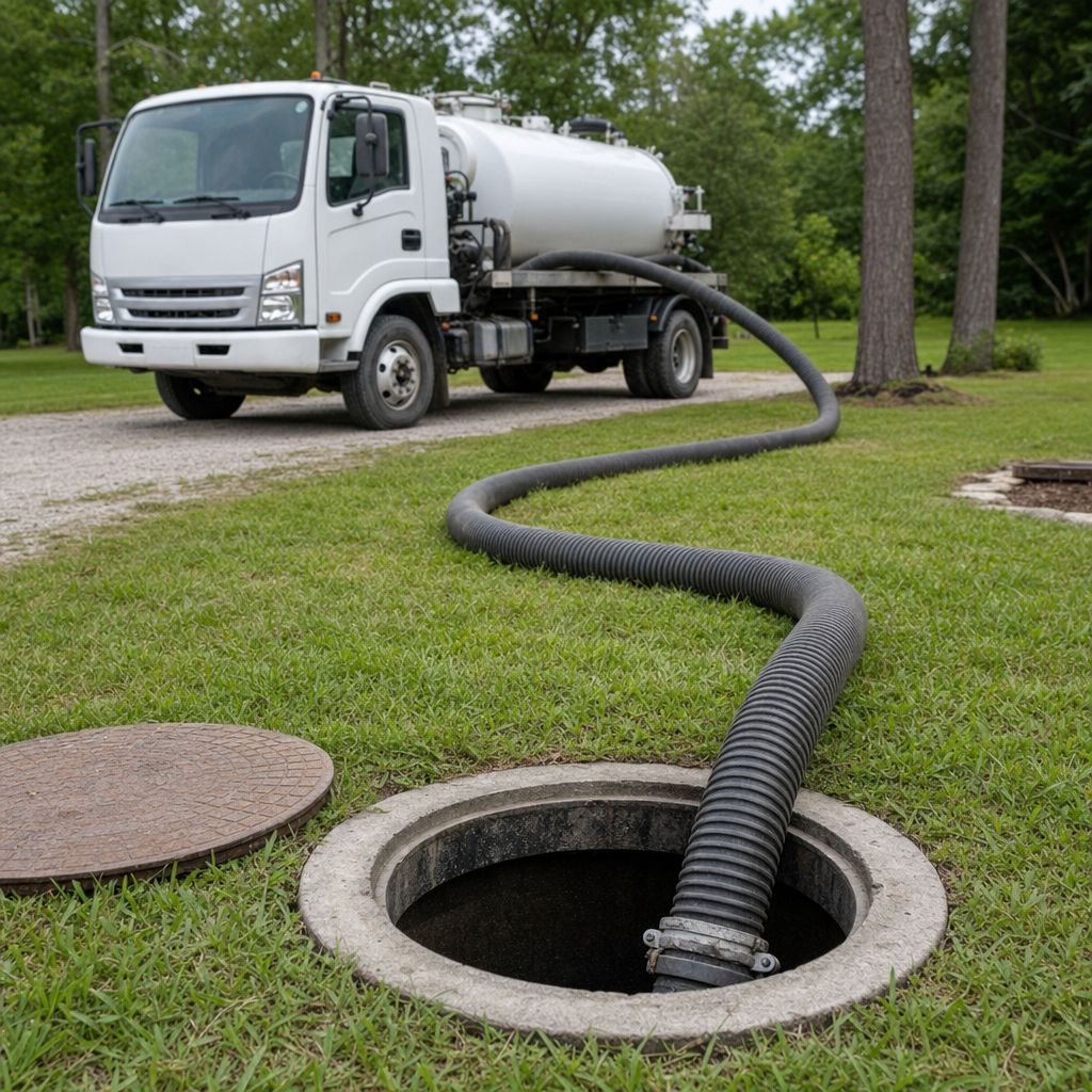 Thick ribbed suction hose lowered into a clean open septic tank port on a tidy Indianapolis backyard lawn