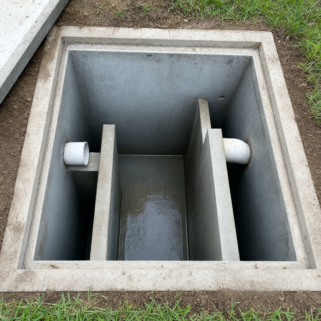 Inspection of the concrete baffles inside an open, emptied and freshly cleaned Indianapolis septic tank