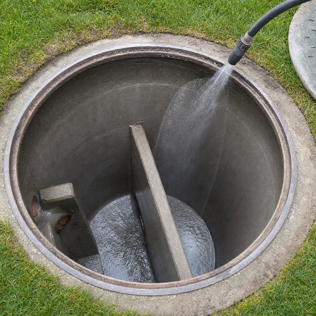 Interior concrete walls of an emptied Indianapolis septic tank being rinsed clean with the truck's onboard water hose