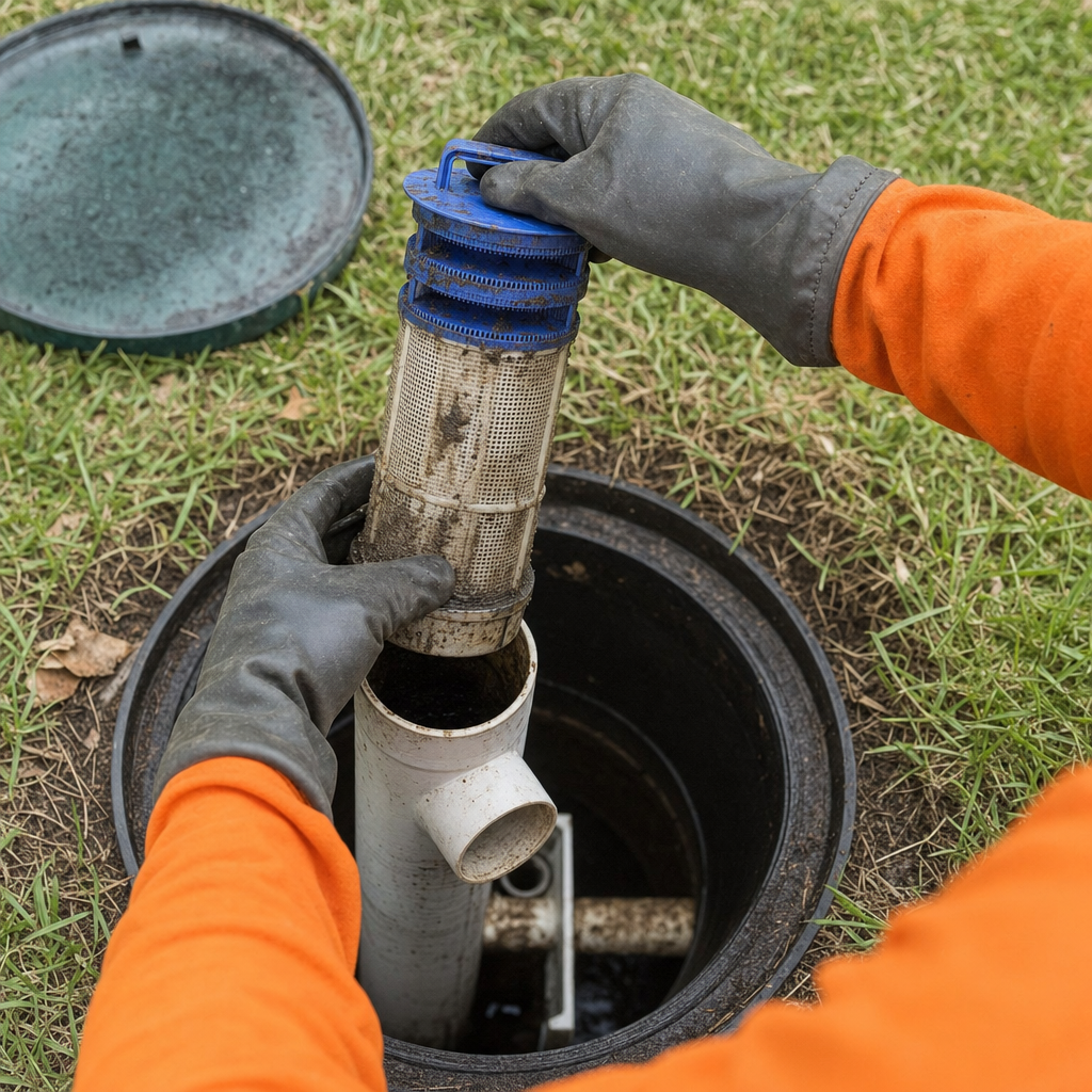 Septic technician's gloved hands lifting the effluent filter cartridge out of the outlet housing on a Indianapolis septic tank