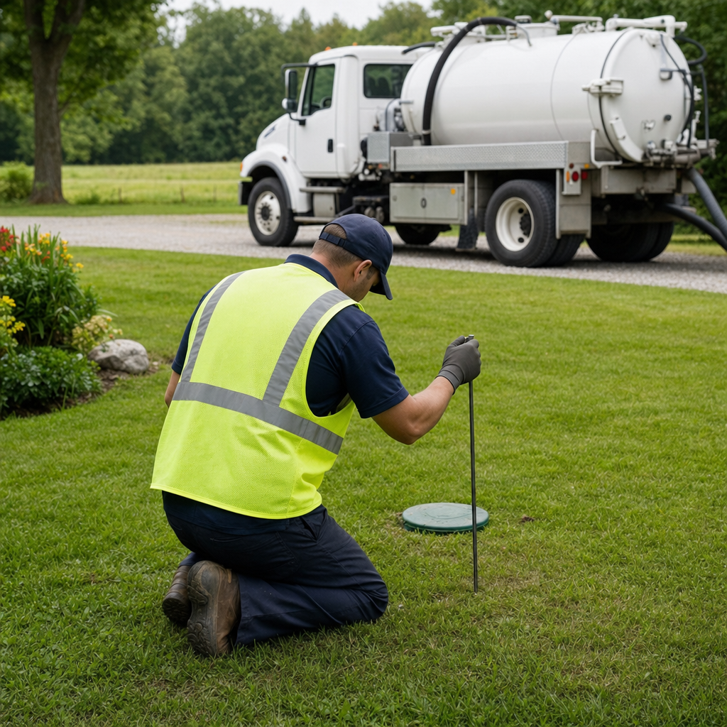 Septic technician kneeling on a Indianapolis lawn, probing to locate and measure the depth of a buried septic tank lid before pumping