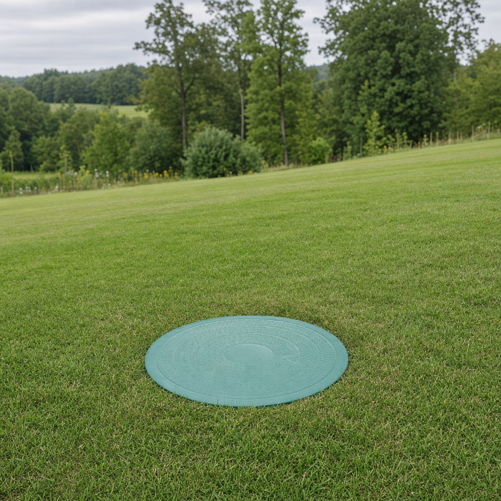 A newly installed septic riser bringing the tank lid up flush to grade in a Indianapolis yard for easy future access