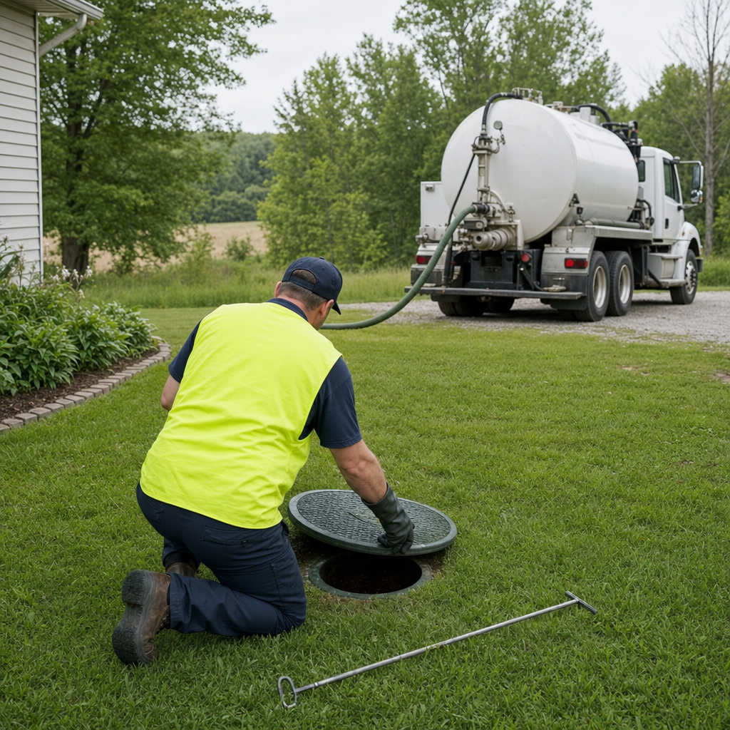 Septic technician kneeling on a Indianapolis lawn, lifting the buried access lid on a residential septic tank