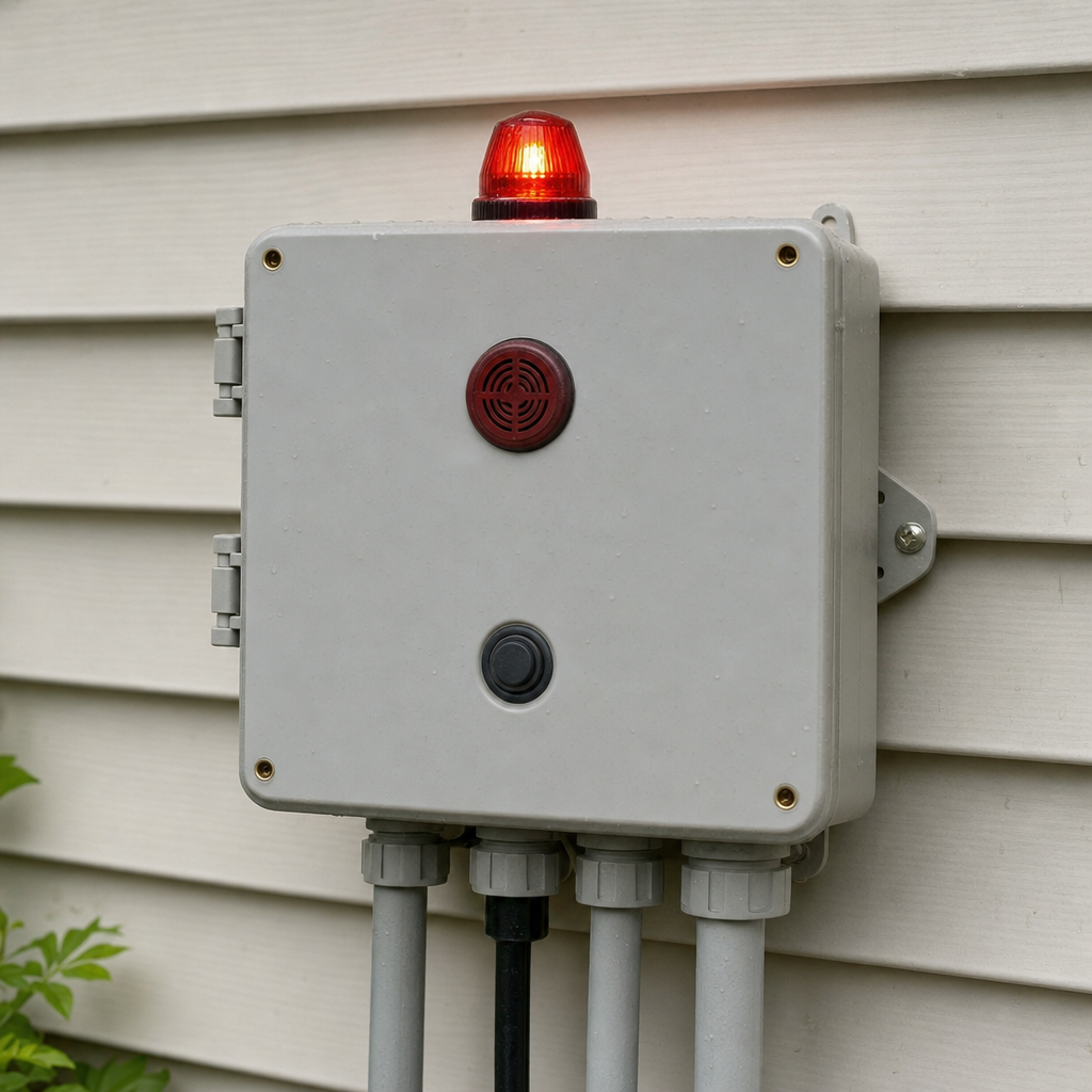 An aerobic septic system control panel mounted outside a Indianapolis home with its red high-water alarm light lit