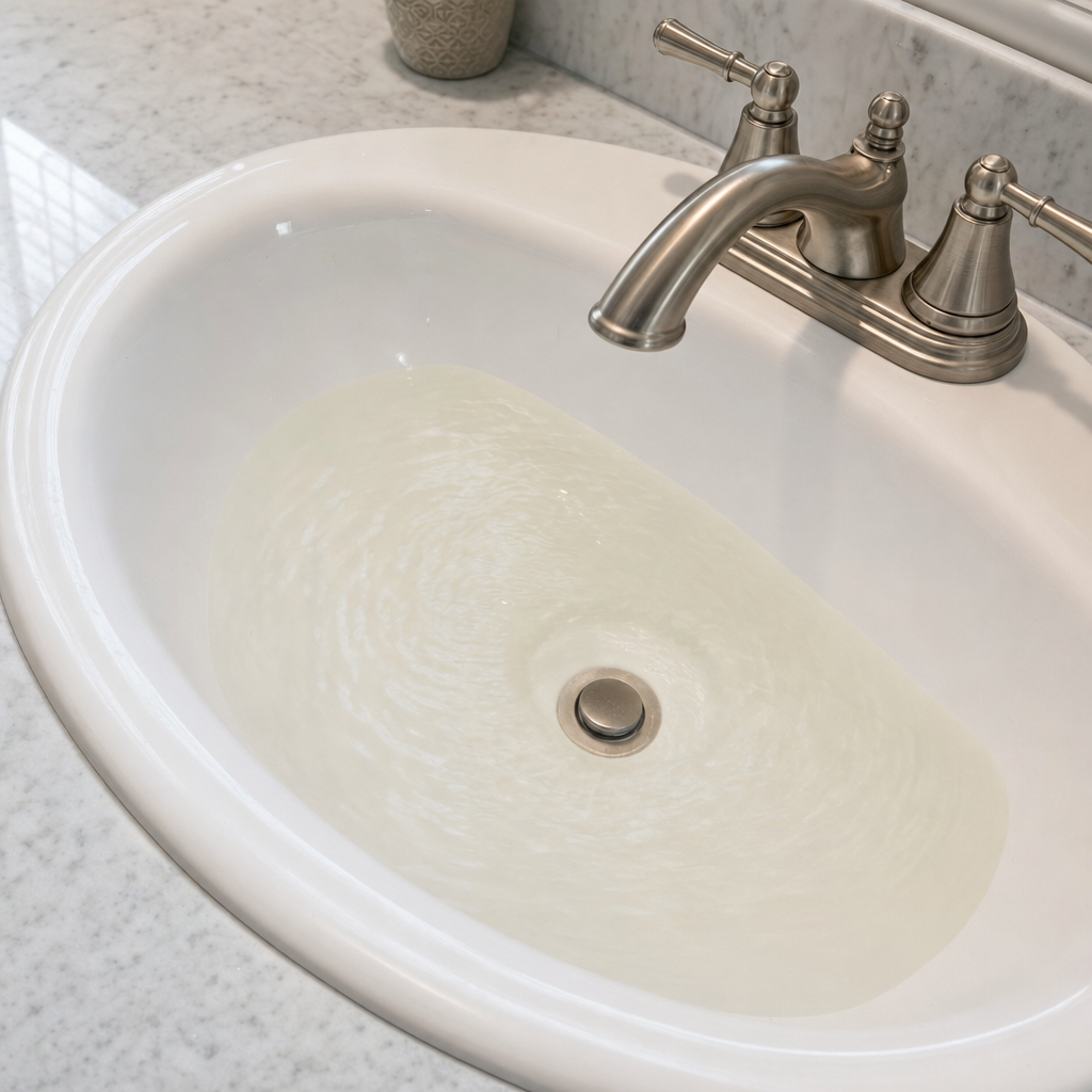 A bathroom sink draining slowly with water pooled in the basin, an early warning sign that a Indianapolis septic tank is full